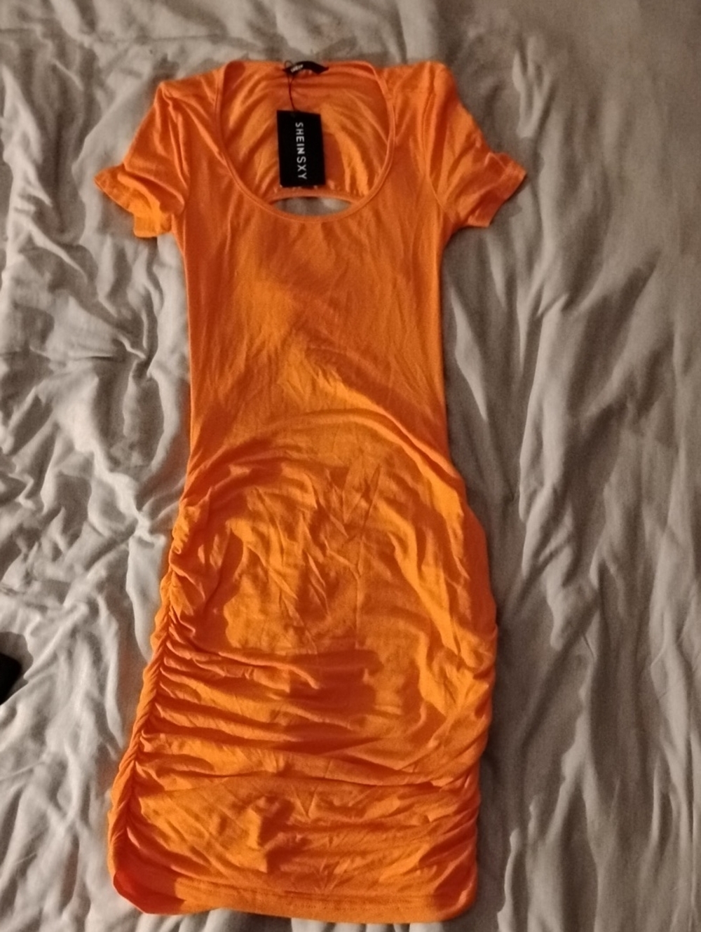 SHEIN Orange Ruched Scoop-Neck Midi Dress